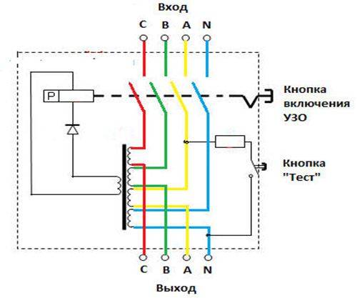 Схема подключения УЗО в трехфазной сети с фото